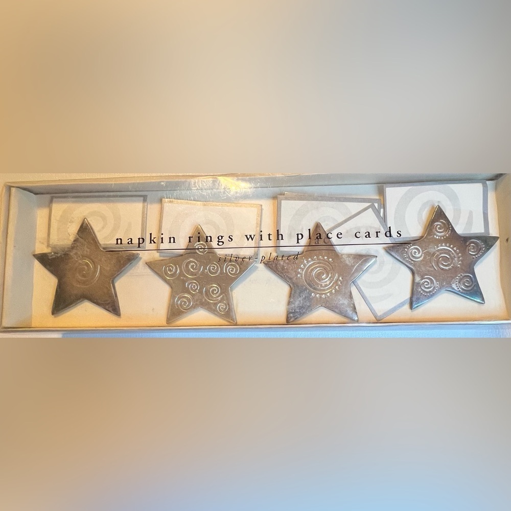 PIER 1 Silver-Plated Set of 4 Star Napkin Rings / Place Card Holders W/8 Cards